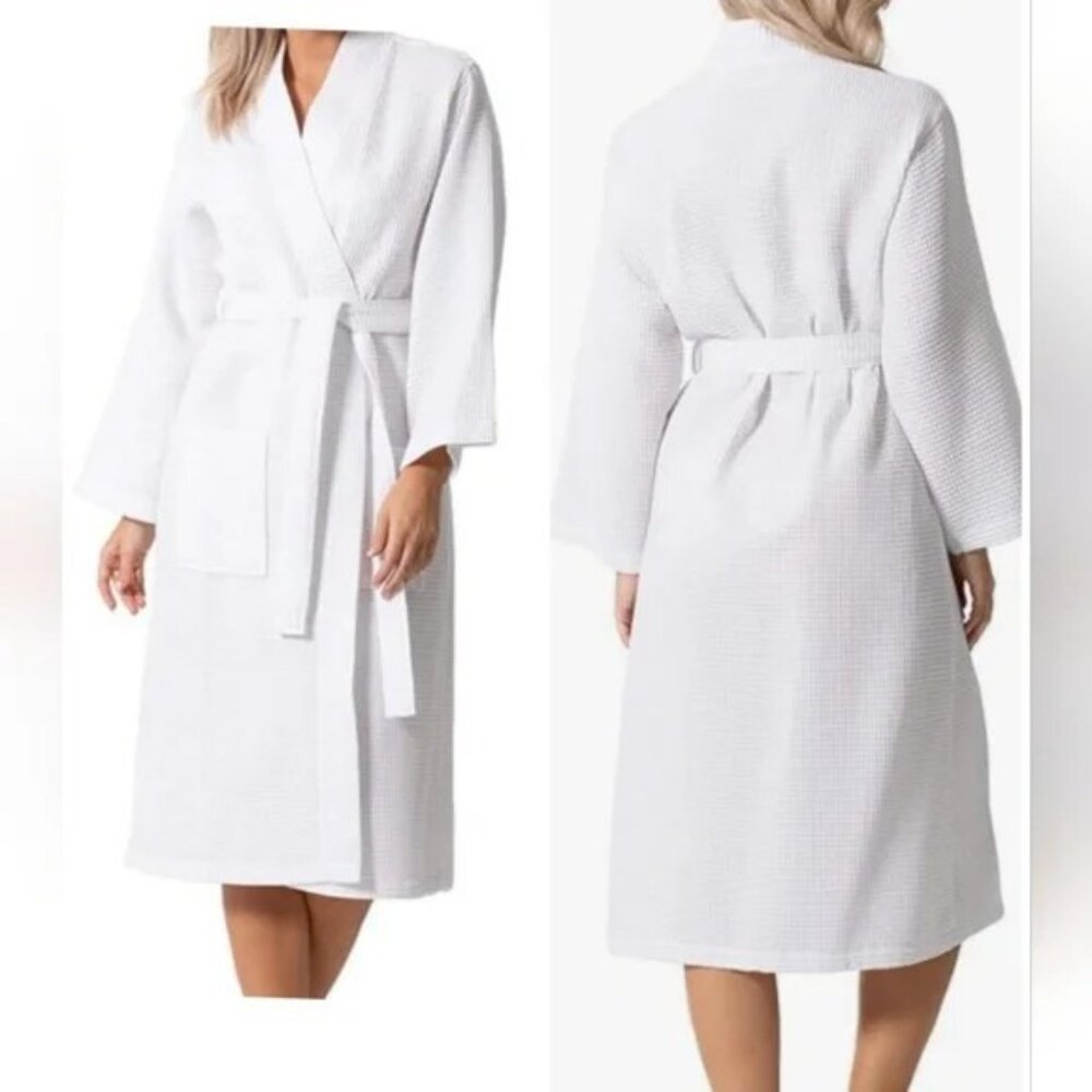 Chakir Linen White Cotton Blend Waffle Texture Belted Luxury Robe One Size NIP